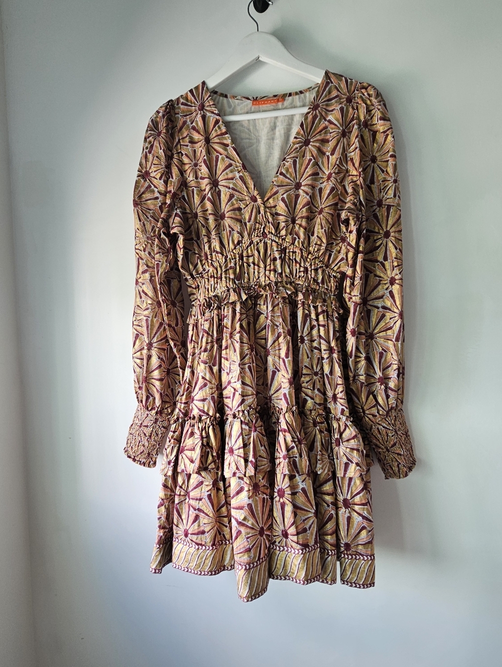 Oliphant Coated Gold Wine And Peach Graphic Printed Smocked Dress - Picture 5 of 10